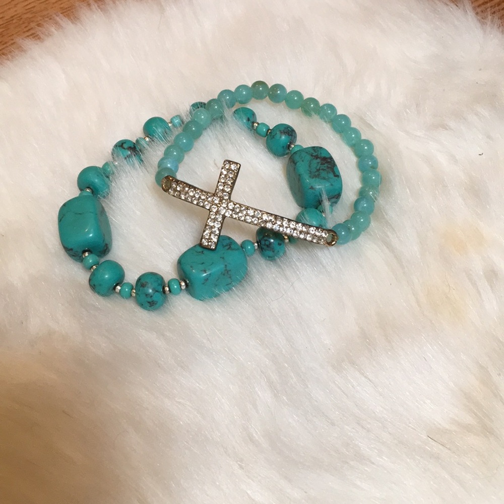 Turquoise stretch bracelets with rhinestone cross